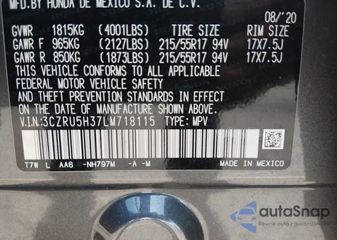 2020 Honda Hr-V 2Wd Lx z USA, uszkodzony, nr VIN 3CZRU5H37LM718115